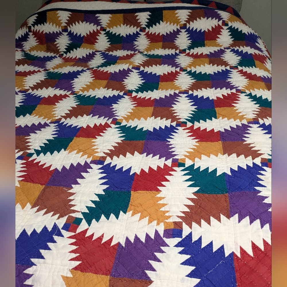 Colorful Geometric Quilt Queen Bedspread - Vtg - Picture 5 of 6